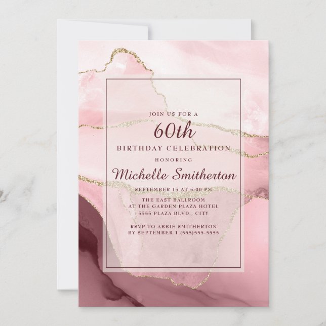 Invitation Porte de marbre rose bordeaux or 60e anniversaire (Devant)