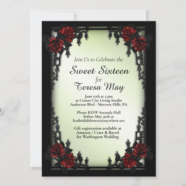 Invitation Porte en fer gothique rouge Rose Sweet sixteen (Devant)