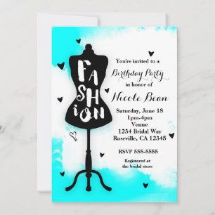 Invitation Porte-mannequin FASHION Aqua et blanc avec cœurs