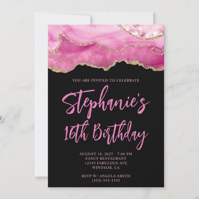 Invitation Porte rose et or Black Bold 16e anniversaire (Devant)