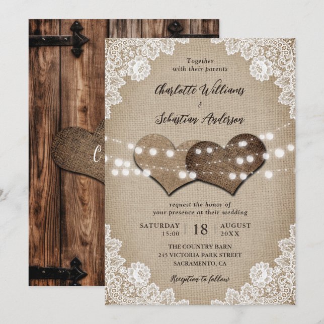 Invitation Porte rustique Grange Beige Blanc Burlap Mariage d (Devant / Derrière)