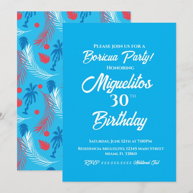 Invitation Porto Rico Tropical Hispanical Birthday Party (Devant / Derrière)