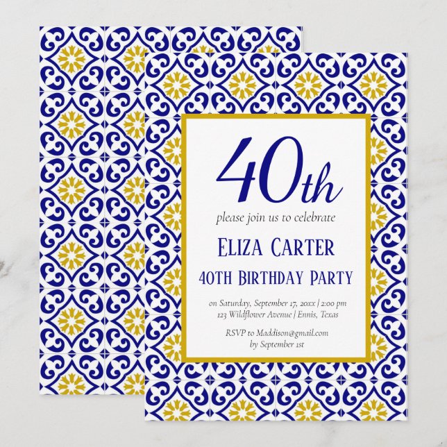Invitation Portugais Carreaux Bleu 40e anniversaire Méditerra (Devant / Derrière)