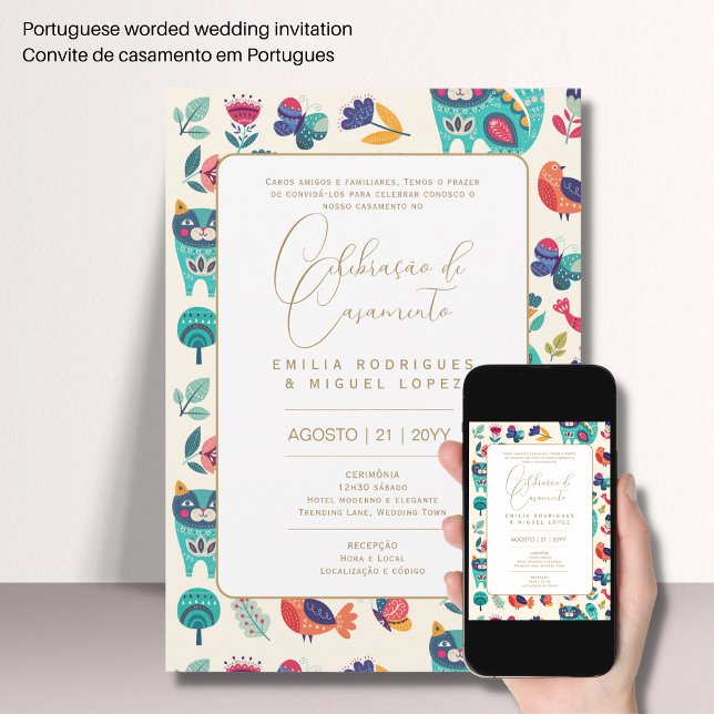 Invitation Portugeuse | Casamento Floral Folkart Rústico Inv (Créateur téléchargé)
