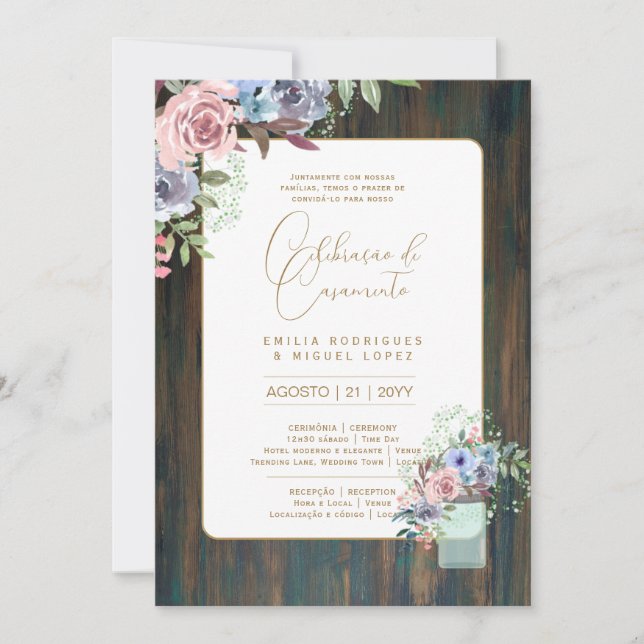 Invitation Portugeuse | Casamento Flores Folclóricas Rústica (Devant)