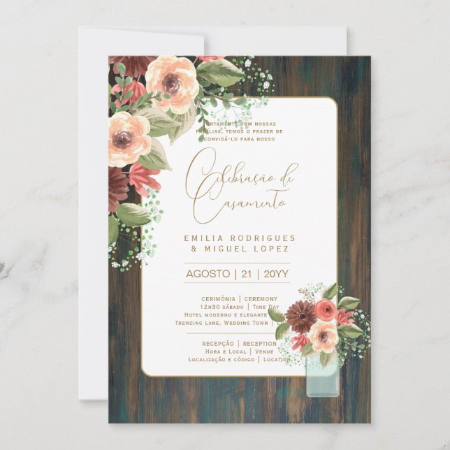 Invitation Portugeuse | Casamento Flores Folclóricas Rústica (Devant)
