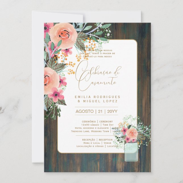 Invitation Portugeuse | Casamento Flores Folclóricas Rústica (Devant)