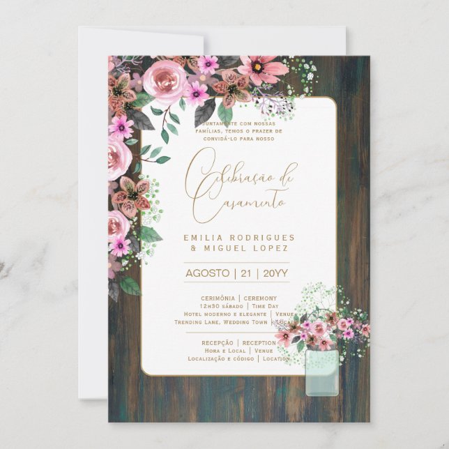 Invitation Portugeuse | Casamento Flores Folclóricas Rústica (Devant)