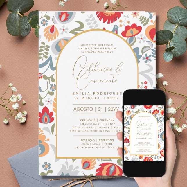 Invitation Portugeuse | Casamento Flores Vermelha Rústicas (Créateur téléchargé)