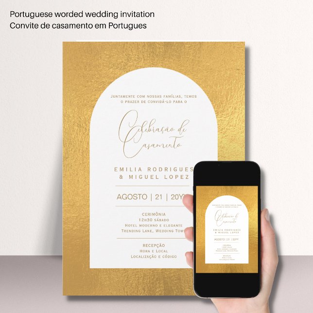 Invitation Portugeuse | Casamento Folha de Ouro Falsa Invita (Créateur téléchargé)
