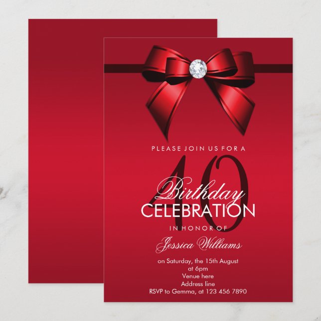 Invitation Posh Gem Bow & Ribbon 40e anniversaire (Devant / Derrière)
