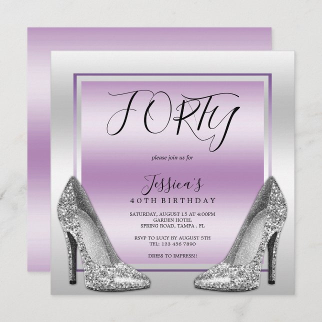 Invitation Posh Lilac & Silver Stilettos 40e anniversaire (Devant / Derrière)