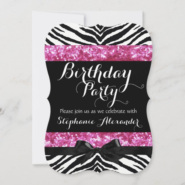 Invitation Posh Pink Sparkle Zebra Girl'anniversaire (Devant)