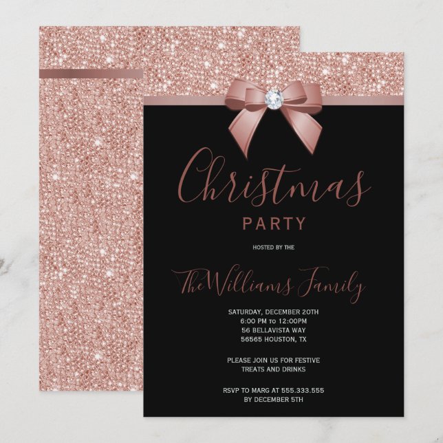 Invitation Posh Rose Gold Jewel Bow Noël Party (Devant / Derrière)