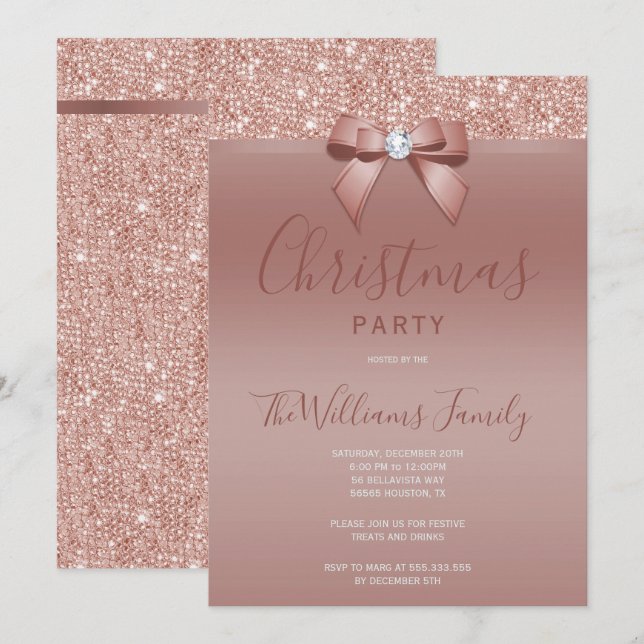 Invitation Posh Rose Gold Jewel Bow Noël Party (Devant / Derrière)