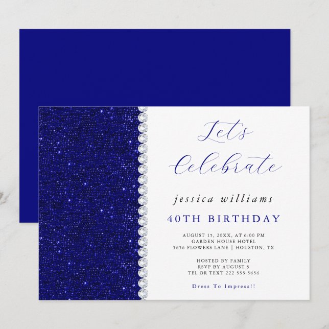 Invitation Posh Sequins & Diamonds Marine Anniversaire (Devant / Derrière)