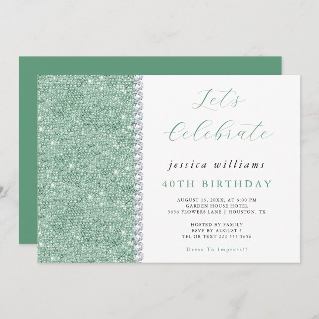 Invitation Posh Sequins & Diamonds Mint Vert Anniversaire (Devant / Derrière)