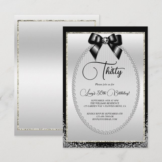 Invitation Posh Silver, Black Gem Bow & Parties scintillant A (Devant / Derrière)
