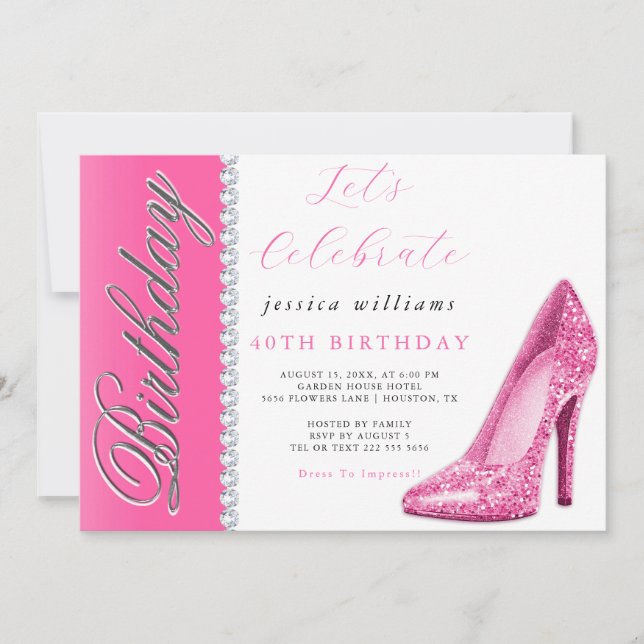 Invitation Posh Stiletto & Diamonds Rose Anniversaire (Devant)