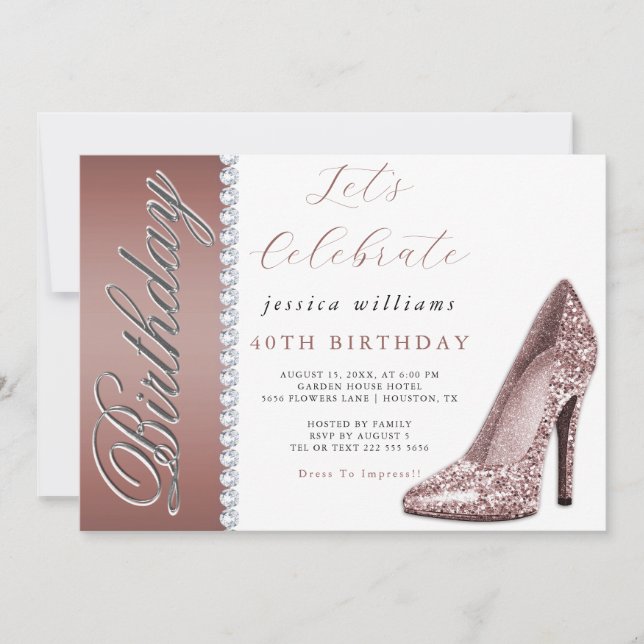 Invitation Posh Stiletto & Diamonds Rose Gold Anniversaire (Devant)
