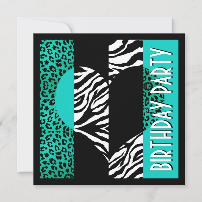 Invitation Poster de animal Aqua Blue Leopard Zebra noir et b (Devant)