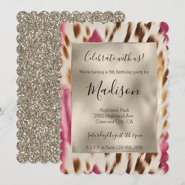 Invitation Poster de animal rose or Glitz Parties scintillant (Devant / Derrière)