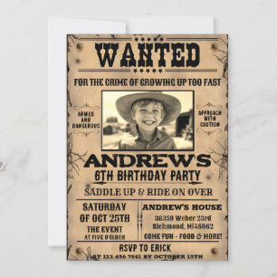 Invitation Poster Recherché Western Cowboy avec photo Anniver