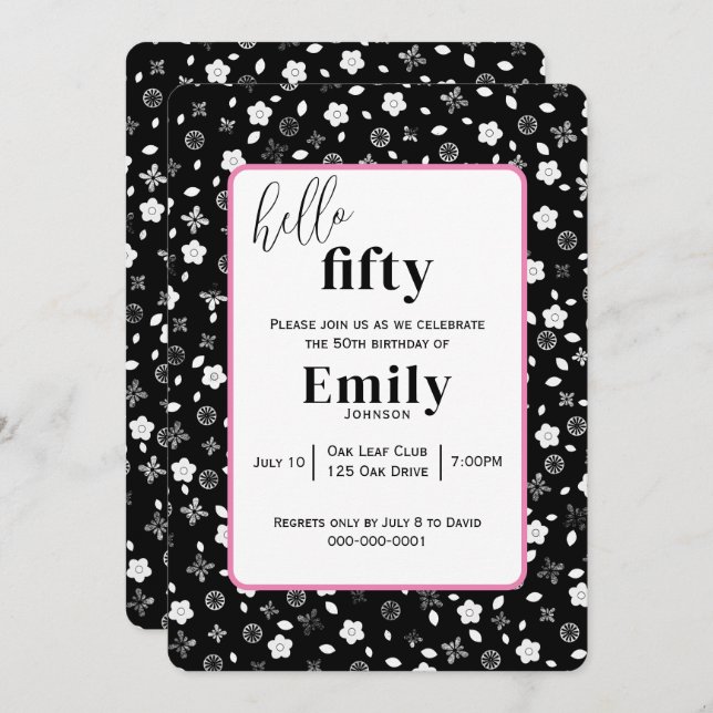 Invitation Posy noir et blanc pour 50e fête d'anniversaire (Devant / Derrière)
