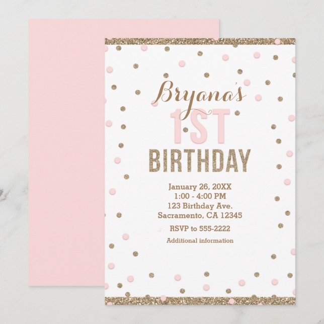 Invitation Pots Confetti Rose & Or Filles 1er anniversaire (Devant / Derrière)