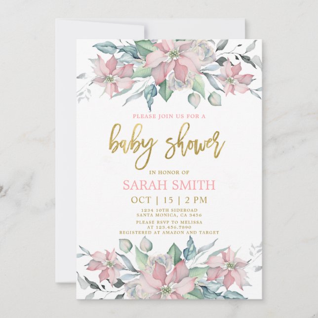 Invitation Potsé rose fille Baby shower de Noël (Devant)
