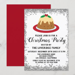 Invitation Pouding de Noël Fête de Noël Paillettes Rouge Arge