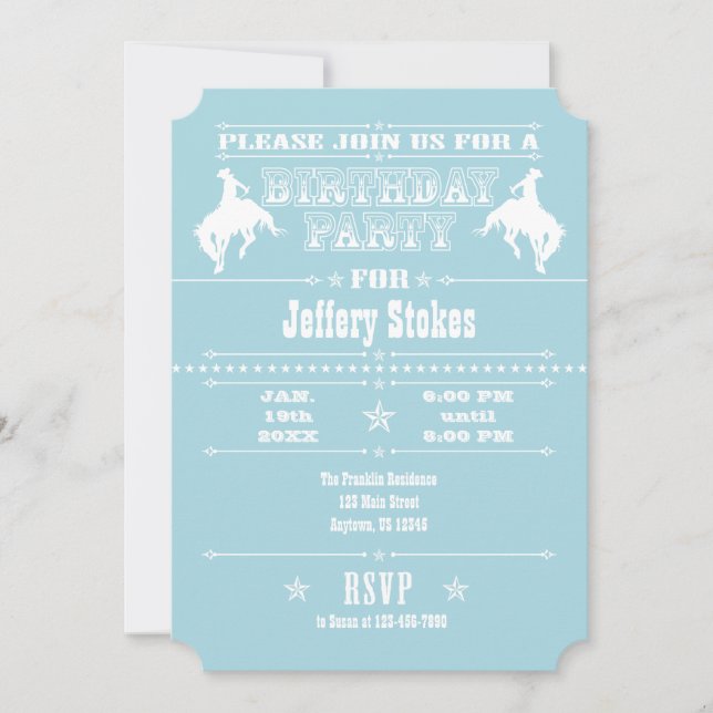 Invitation Poudre Bleu Cowboy Rodeo Anniversaire Fête Invitat (Devant)