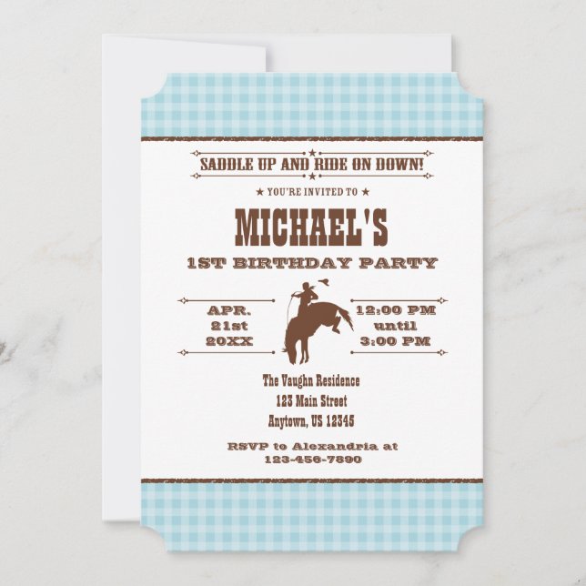 Invitation Poudre bleu Plaid Cowboy Rodeo Anniversaire Invita (Devant)