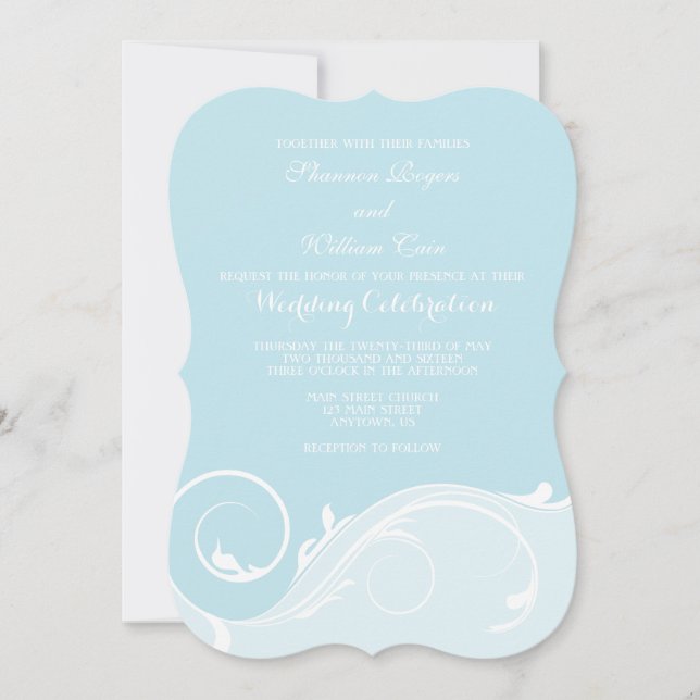 Invitation Poudre Blue Floral Swirl Mariage en rack invite (Devant)