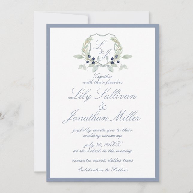 Invitation Poudre claire bleu Monogramme romantique Mariage d (Devant)