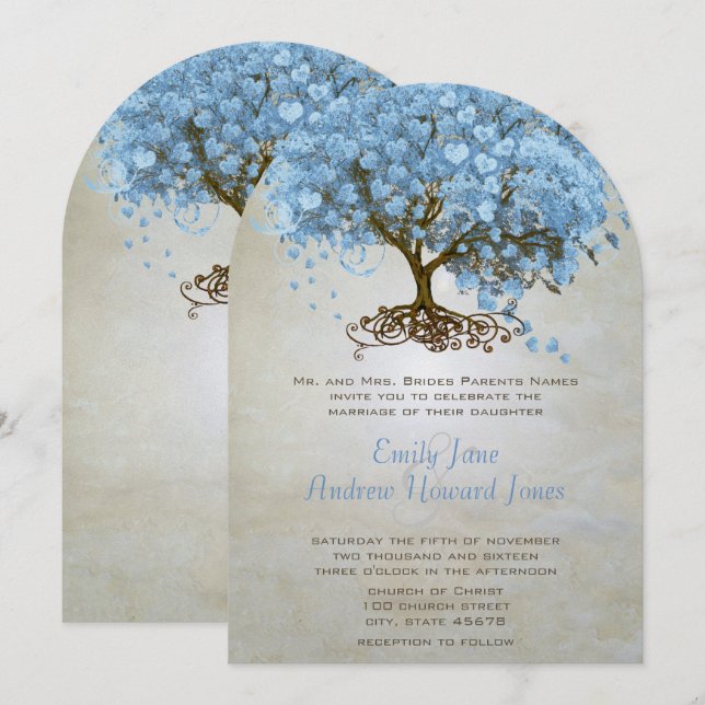 Invitation Poudre claire Mariage de feuille de coeur bleu (Devant / Derrière)