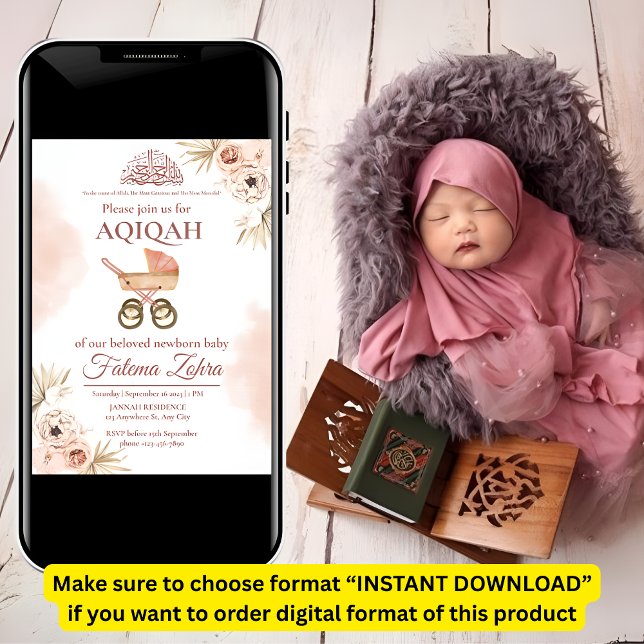 Invitation Poudre rose Floral Baby Girl Musulmane Aqiqah (Créateur téléchargé)