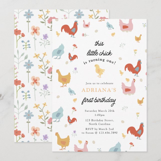 Invitation Poules mignonnes et poulets Premier anniversaire (Devant / Derrière)