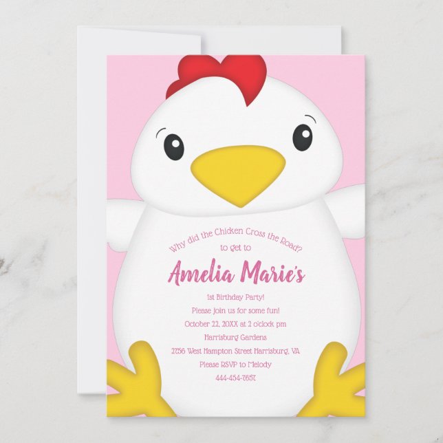 Invitation Poulet fête d'anniversaire rose (Devant)