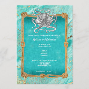 Invitation Poulpe corde cadre océan bleu or nautique