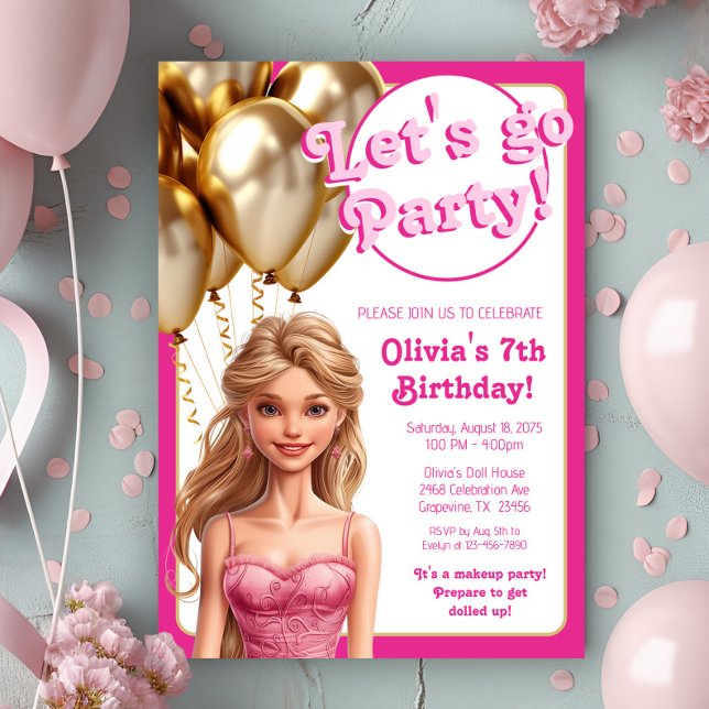 Invitation Poupée de mode rose or fête d'anniversaire (Cute pink fashion doll any number birthday party invitation.)