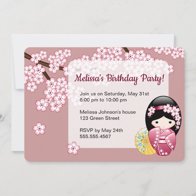 Invitation Poupée de printemps de Kokeshi - fête d'anniversai (Devant)