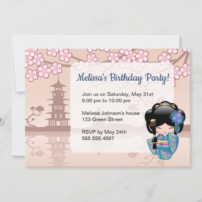 Invitation Poupée Keiko Kokeshi - Blue Kimono fête d'annivers (Devant)