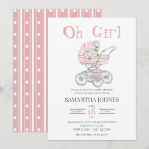 Invitation Poupée rose Baby shower en fleurs