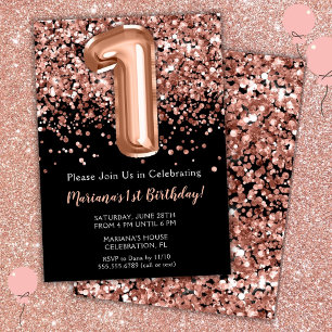 Invitation pour 1er anniversaire Noir Rose Or Pail
