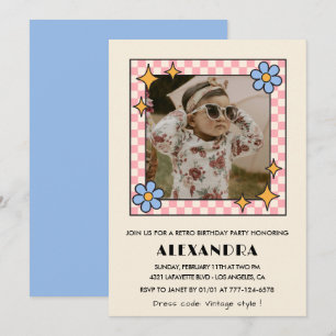 Invitation pour 1er anniversaire Rétro Groovy Fleu