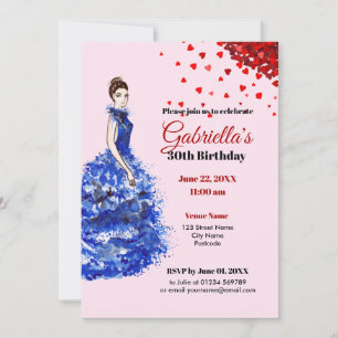 Invitation pour 30e anniversaire Robe bleue scinti