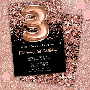 Invitation pour 3ème anniversaire Noir Rose Or Pai
