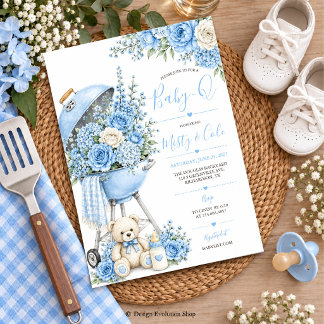 Invitation pour Baby-Q Floral Bleu pour la Fête Pr