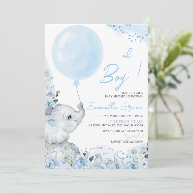 Invitation pour Baby Shower à thème Éléphant Flora (Debout devant)